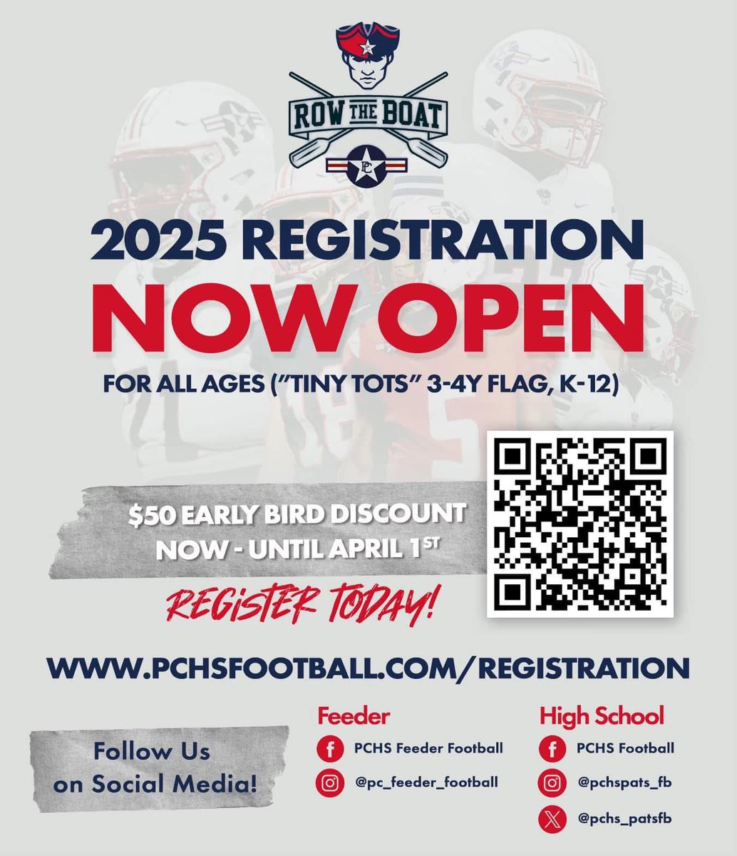 Paulding County Football (@pchs_patsfb) on Twitter photo 🚨2025 🏈 REGISTRATION IS OPEN🚨
The weather is turning— football time is right around the corner! Come join our feeder programs and be a part of big things happening at <a href="/PCHS_Pats/">Paulding County High School</a> <a href="/PCHS_PatsFB/">Paulding County Football</a>
Sign up this month for a $50 Early Bird Discount!
#GoPats🇺🇸 #RTB 🚨2025 🏈 REGISTRATION IS OPEN🚨
The weather is turning— football time is right around the corner! Come join our feeder programs and be a part of big things happening at <a href="/PCHS_Pats/">Paulding County High School</a> <a href="/PCHS_PatsFB/">Paulding County Football</a>
Sign up this month for a $50 Early Bird Discount!
#GoPats🇺🇸 #RTB