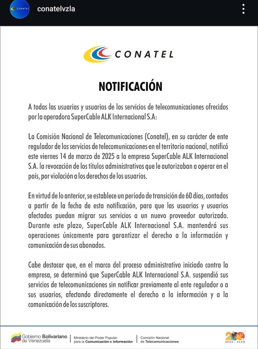 ReporteYa's tweet photo. #14Mar #Conatel #SuperCable
@RobertLobo_: Conatel le revocó la licencia de operaciones a la cablera Super Cable. Los diferentes servicios ofrecidos por la empresa, seguirán activos por 60 días, tiempo en el que los usuarios deberán cambiarse a otras empresas de internet por fibra óptica o tv por cable.