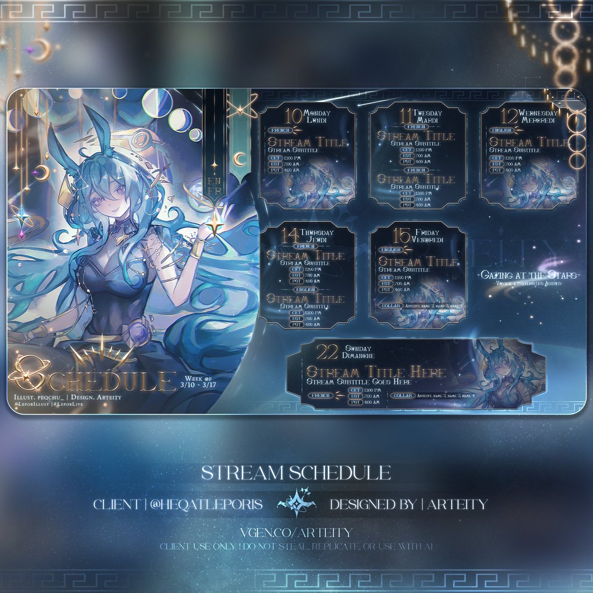 【 ✧.* Schedule Showcase *.✧ 】
—➤  I made <a href="/HeqatLeporis/">Heqat 🐰💫 Delulu Vtuber</a>' Schedule! Thank you for trusting me! Galaxy/Star themes go brrrrrrr 💫🐇

♡ + ↻ are appreciated!~╰(⸝⸝⸝´꒳`⸝⸝⸝)╯     
#VTuberAssets ✦ #Vtuber  ✦ #arteitydesign