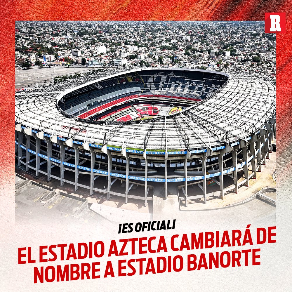 record_mexico's tweet photo. ES OFICIAL 🔥

Como parte de las remodelaciones de cara a la Copa del Mundo, Grupo Ollamani anuncia el cambio de nombre del Coloso de Santa Úrsula.

Adiós Estadio Azteca, hola Estadio Banorte.

Además de anunciar un financiamiento de más de 2 mill millones de pesos para la modernización de recinto.

Más: https://t.co/3JELHcz1z1