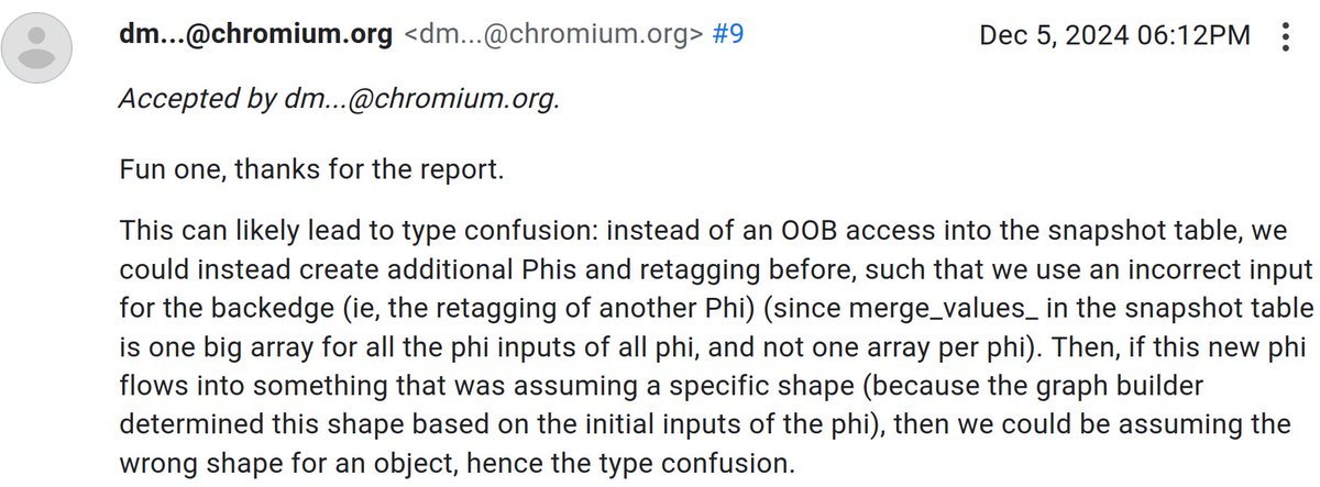 [$20000](CVE-2024-12693)[382190919][maglev]Array OOB access in the maglev phi untaggingoptimization is now open with PoC: 
issues.chromium.org/issues/3821909…

Wow...
A very detailed report, I recommend it to those who are interested in how v8 works, and especially maglev.