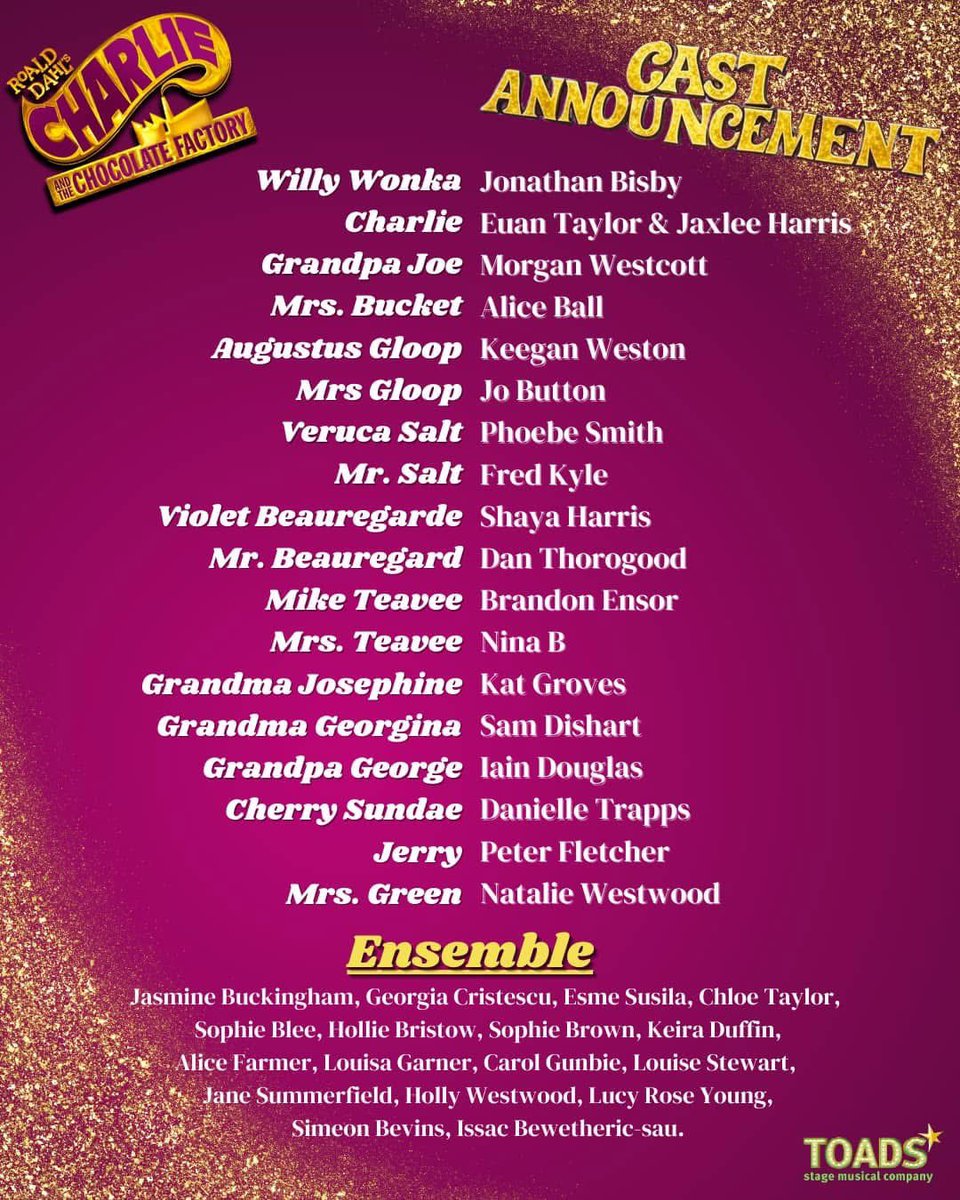 TOADSSMC's tweet image. They’ve got their Golden Ticket, have you? 🎫✨

We’re so excited to reveal the cast of Charlie and the Chocolate Factory! This incredible team are ready to bring the magic, mischief and music to life on stage.

Tickets are ON SALE NOW! 
🎟️ atgtix.co/3ZpkDKV