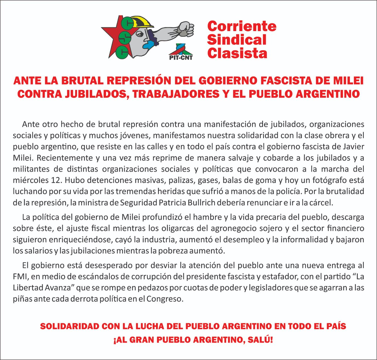 Solidaridad con el pueblo argentino que enfrenta al gobierno fascista de Milei en todo el país.
