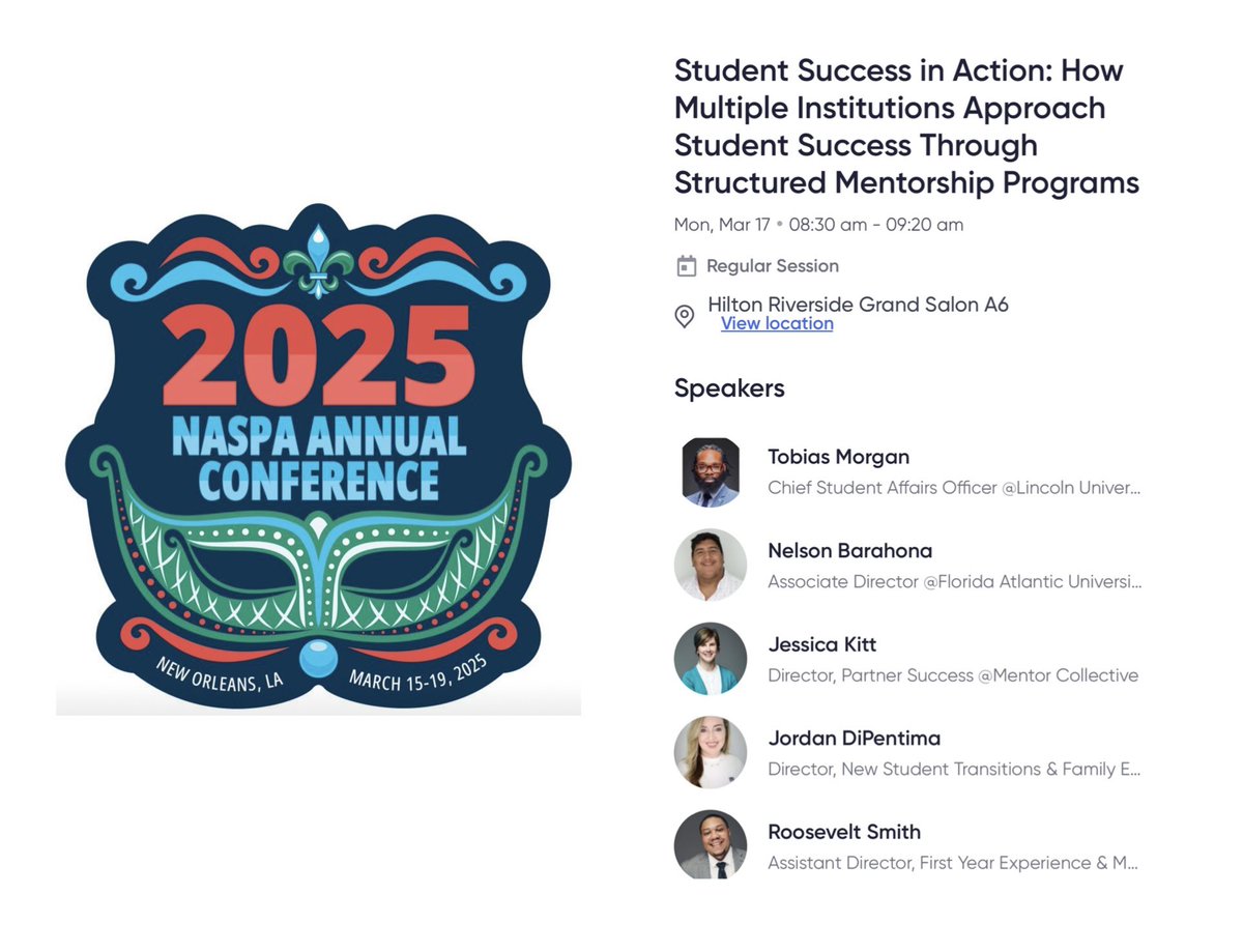TRaphaelMorgan's tweet image. Looking forward to joining a great group of professionals to discuss Student Success in Action: How Multiple Institutions Approach Student Success Through Structured Mentorship Programs.

Monday, March 17, 2025, 8:30 AM - 9:20 AM in Hilton Riverside Grand Salon A6 #NASPA25
