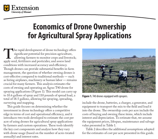MU_NMREEC's tweet photo. Are you considering purchasing a utility drone for agricultural spraying? This guide breaks down the economics of drone ownership for farmers and application providers. Read the full publication here: https://t.co/pk6uVde6Qt https://t.co/8Yya8EFS4Z