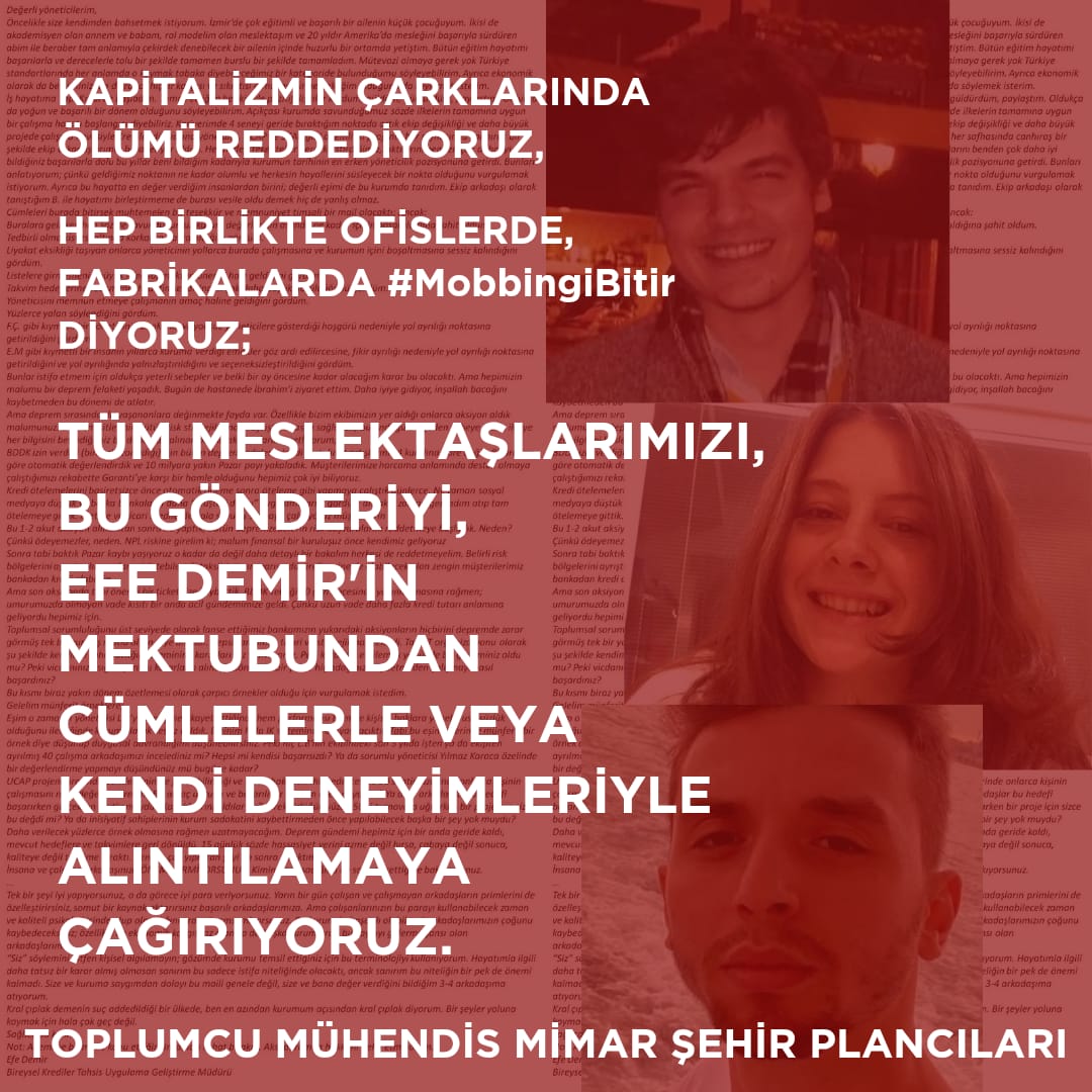 toplumcumeclis's tweet photo. Meslek alanımızda iş bulamadık, mobbinge uğradık, makinelere sıkıştık. 

Ofislerde mobing çarklarında, fabrikalarda makine çarklarında ölmeyi reddediyoruz. 
 
Vicdanı, aklı, emeği toplumdan yana olan herkesi bu gönderiyi #MobbingiBitir etiketiyle alıntılamaya çağırıyoruz. https://t.co/jdye6KSK06