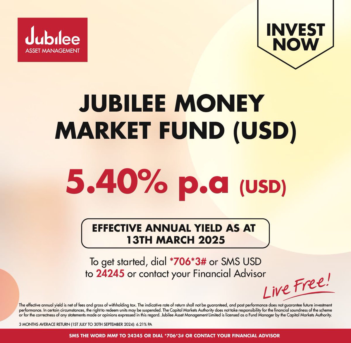 JubileeGroupKE's tweet photo. Explore a world of opportunities by tapping into USD investments. Earn returns of 5% and above with the Jubilee Money Market Fund (USD).
#JubileeMoneyMarketFund #MoneyMarketFund #LiveFree #FutureProofIt https://t.co/BDNIvYE8e4