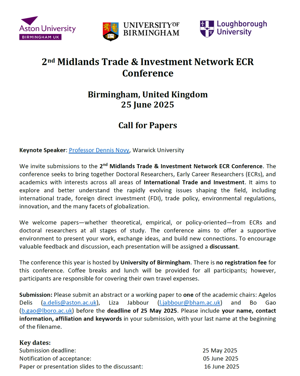 Dennis Novy (@dennisnovy) on Twitter photo 🚩Call for papers 🚩
2nd Midlands Trade & Investment Network ECR Conference
Birmingham, United Kingdom
25 June 2025
medium.com/@AstonCBP/the-… 🚩Call for papers 🚩
2nd Midlands Trade & Investment Network ECR Conference
Birmingham, United Kingdom
25 June 2025
medium.com/@AstonCBP/the-…