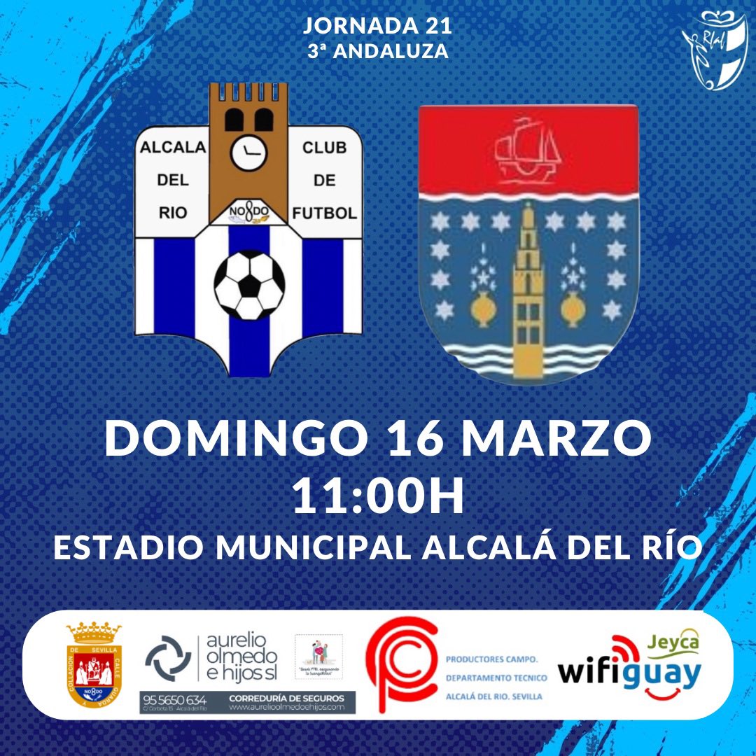 #HORARIO | JORNADA 21 

🆚 CD Tabladilla 
🗓️ 16/03
⏰ 11:00h
🏟️ Estadio Municipal Alcalá del Río

#AlcaládelRíoCF🔵⚪️ #JuntosSomosMás