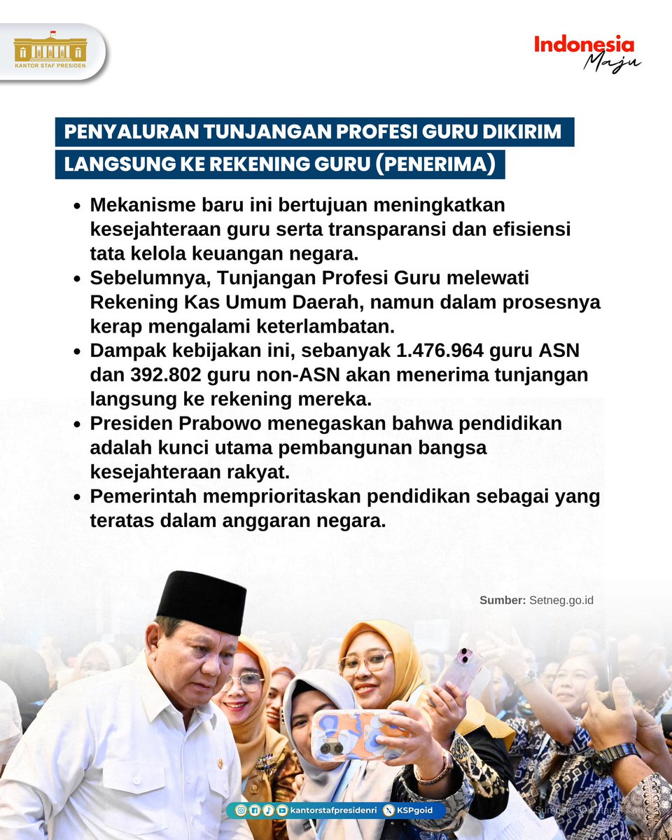 KSPgoid's tweet image. Kabar Baik untuk Guru di Seluruh Indonesia! 🎉

Presiden Prabowo resmi meluncurkan mekanisme baru penyaluran Tunjangan Profesi Guru langsung ke rekening penerima!

Terima kasih Presiden Prabowo atas komitmen dalam meningkatkan kesejahteraan guru!

#KSPP #TunjanganGuru
