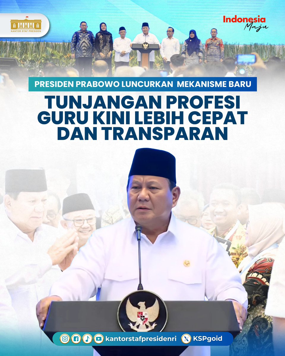 KSPgoid's tweet image. Kabar Baik untuk Guru di Seluruh Indonesia! 🎉

Presiden Prabowo resmi meluncurkan mekanisme baru penyaluran Tunjangan Profesi Guru langsung ke rekening penerima!

Terima kasih Presiden Prabowo atas komitmen dalam meningkatkan kesejahteraan guru!

#KSPP #TunjanganGuru