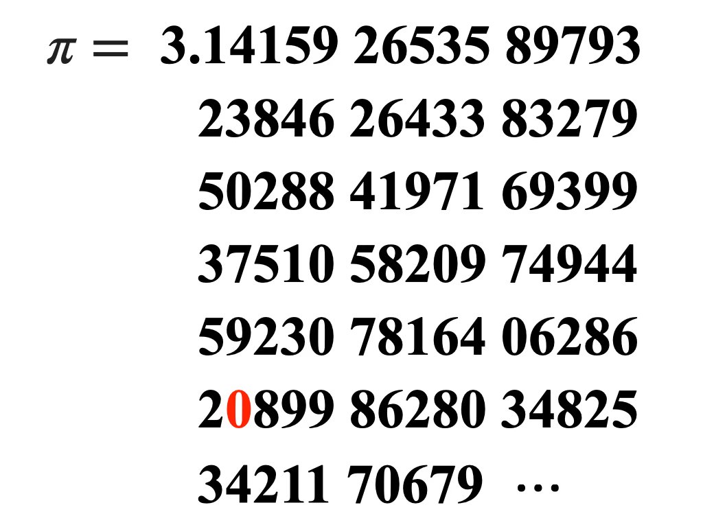 ai_qube_fr's tweet photo. (3/6) π est irrationnel – pas moyen de l’écrire en fraction. Les décimales de π sont infinies et ne suivent aucun motif répétitif. Les mathématiciens ont calculé plus de 31 000 milliards de décimales de π ! 😮 #BigMath https://t.co/8DLnSGcJjr