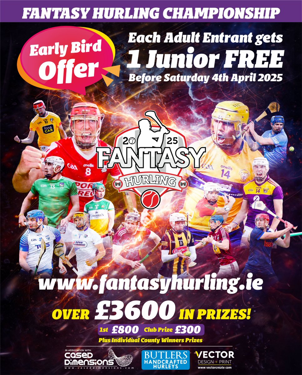 FantasyHurling's tweet photo. Fantasy Hurling CHAMPIONSHIP 2025 is NOW LIVE!
#FH25 with @ButlersHurleys
🚨EARLY BIRD OFFER!🚨
Until Sat 4th April, Each adult entry gets 1 JUNIOR Entry FREE!
✅Treat a young family member or someone within your club to a FREE entry!
📲 Enter: https://t.co/vZ33Pq96L9 https://t.co/Qb3u7GQLeh