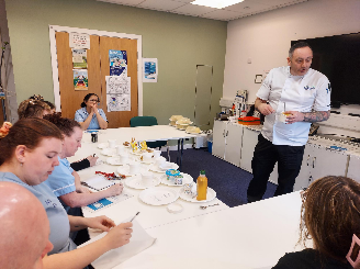 IDDSI training at Crosslet House:

'Chef Robert, with the support of the care home dietitians, has recently been providing some IDDSI training for all staff'

He created and showed peaches at IDDSI level 3-7 regular.