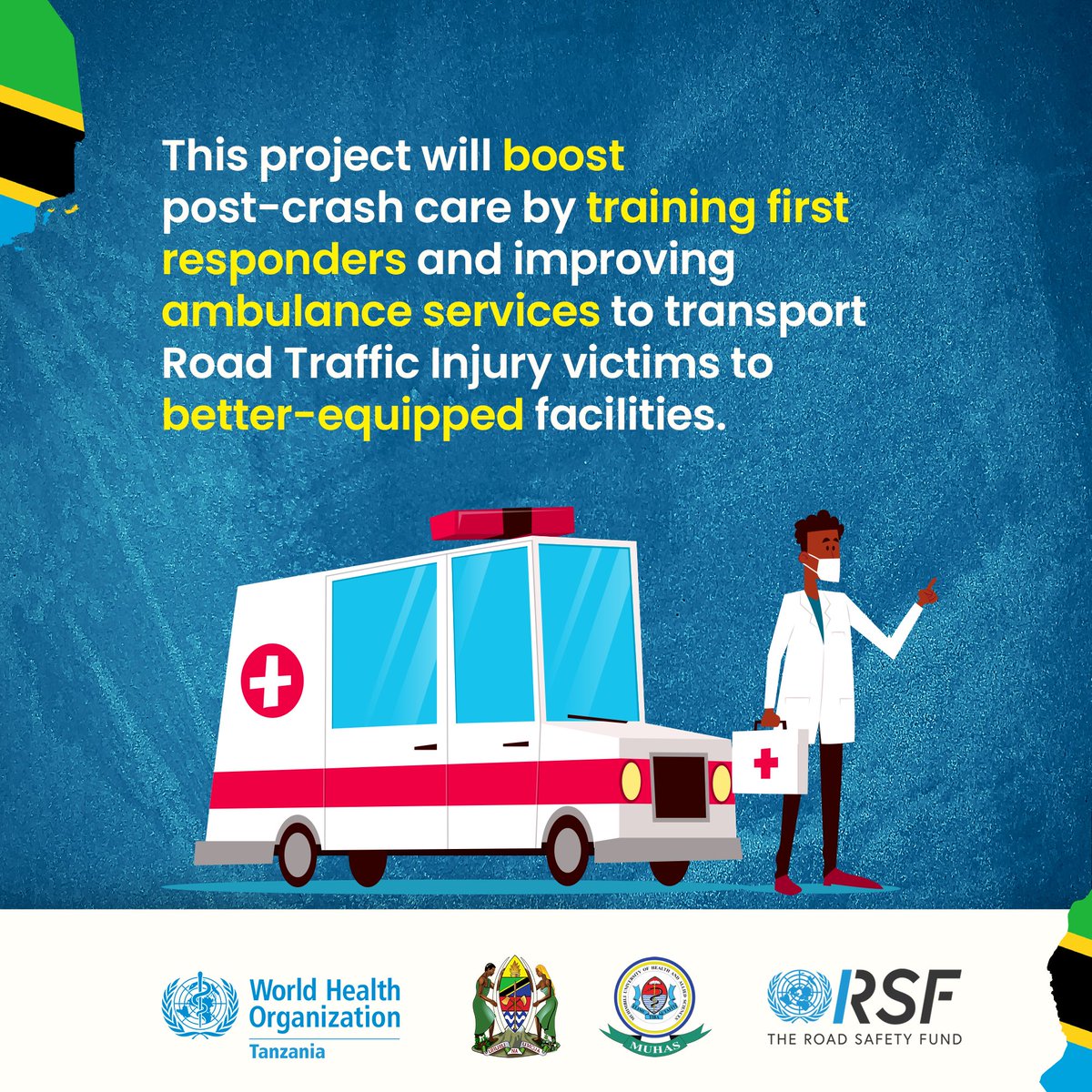 WHO_Tanzania's tweet photo. ⛔️ Problem: High road traffic death rates in Tanzania.

✅ Solution: Improved ambulance services, stronger hospital emergency units, and a trauma registry for better road safety policies.

This initiative is being implemented with @muhimbiliuniver. Thanks to @UN_RSF for funding this project.

See more ⬇️