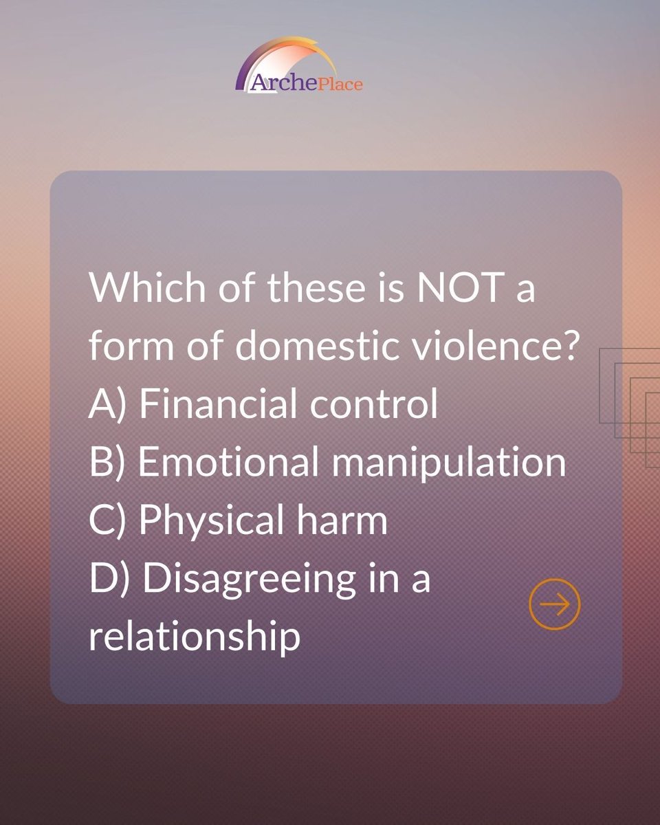 ArchePlaceInc's tweet image. Every fact you learn helps break the cycle of abuse. Let’s educate, empower, and support survivors together!
Swipe through to take the quiz! 👉

#DVMyths #DVFacts #EndDV #KnowledgeIsPower #DomesticViolenceAwareness