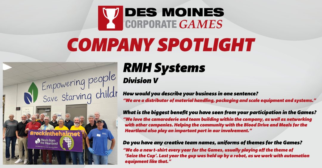 We love seeing the unique RMH Systems shirts visiting the Des Moines Corporate Games every summer! 

Through our offerings such as the Blood Drive, Meals for the Heartland, Trivia, and Step Challenges, we provide opportunities for every employee to get involved and Seize the Cup!