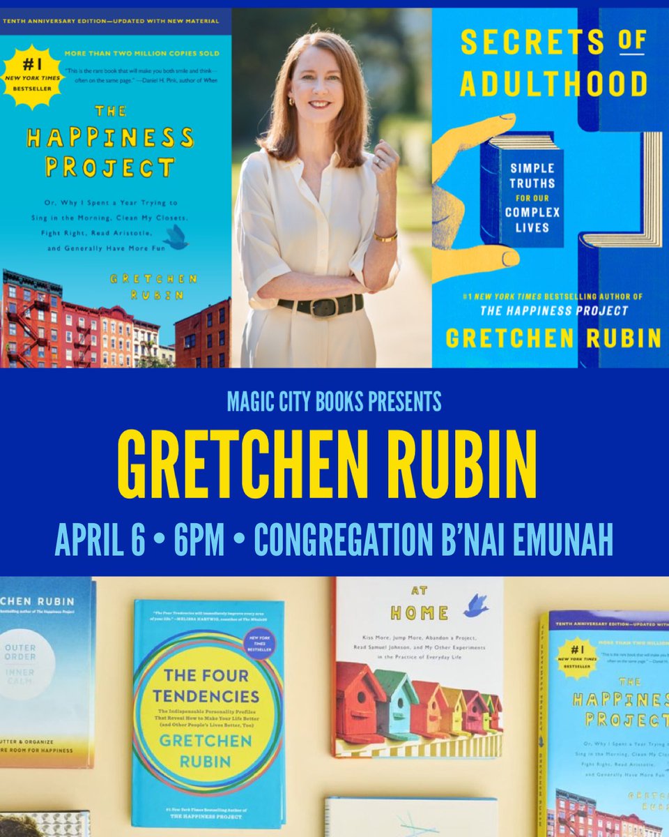 MagicCityBooks's tweet photo. Gretchen Rubin’s #thehappinessproject is a modern classic and we’ve been wanting to get her to town for years. So excited to chat about #secretsofadulthood and much more. Tix at https://t.co/usRrTLI1HE https://t.co/XZUjmvLche