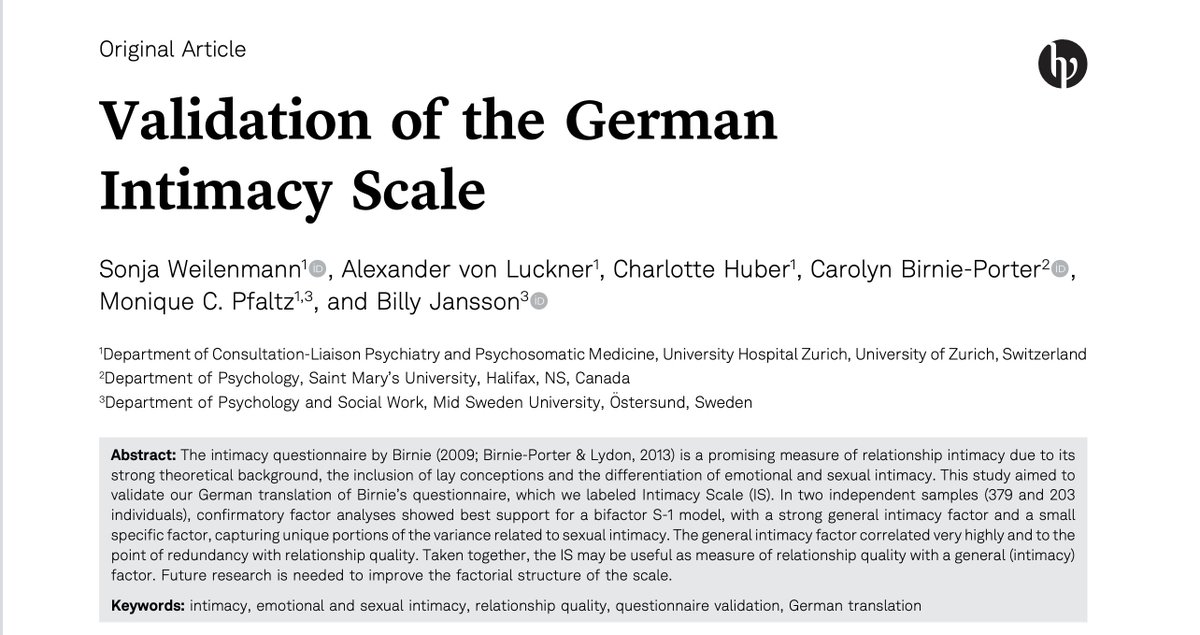 📢 We’re catching up on past PTAD research!
💞 Weilenmann et al. validated the German Intimacy Scale (IS), showing a strong general intimacy factor and a distinct sexual intimacy component.
🔗 doi.org/10.1027/2698-1…
<a href="/EAPA_Science/">European Association of Psychological Assessment</a>