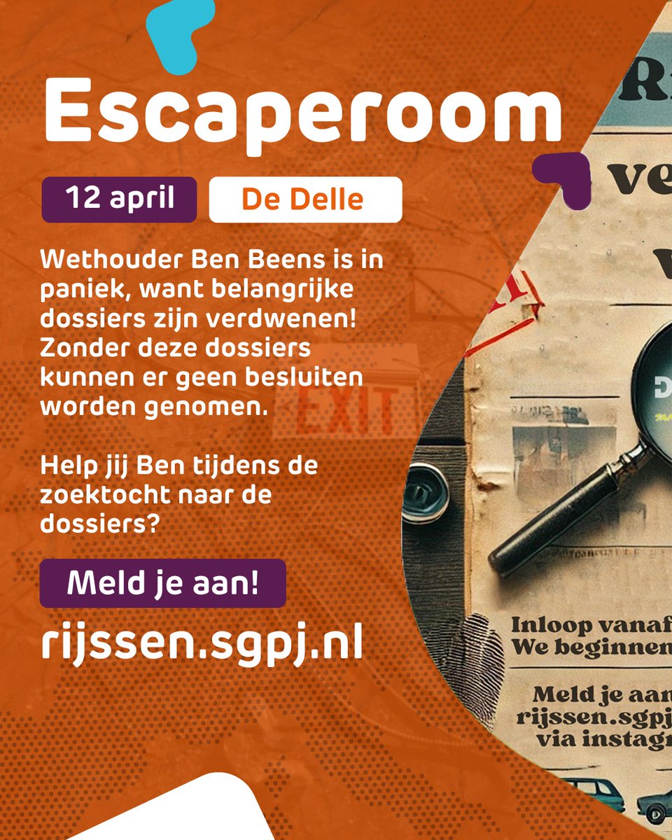SGPJ_Rijssen's tweet photo. 🔒 Escaperoom 🗝

Ben Beens is in paniek. Een aantal belangrijke dossiers zijn verdwenen, en zonder deze documenten kan de gemeenteraad geen besluiten nemen. Tijd om op onderzoek uit te gaan! Help jij Ben in deze zoektocht? (1/2) https://t.co/IxASX3xaQe