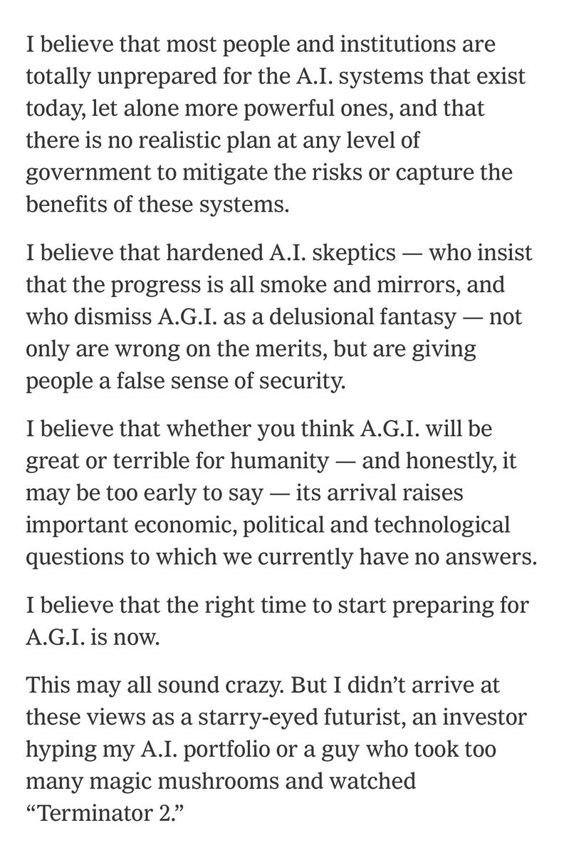 “I believe now is the right time to start preparing for AGI”

The same warnings are now appearing with increasing frequency from smart outside observers of the AI industry, like <a href="/kevinroose/">Kevin Roose</a> (below) &amp; Ezra Klein.

I think ignoring the possibility they are right is a real mistake.