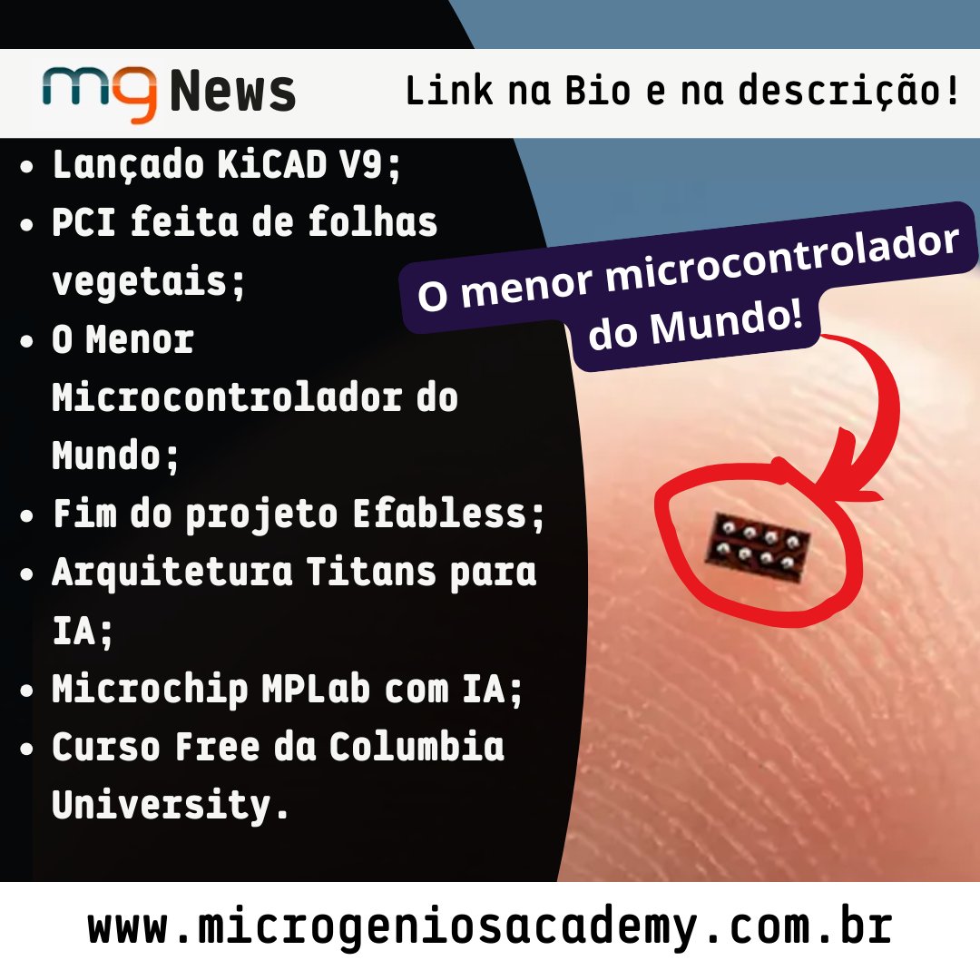 microgenios's tweet image. MGNews 14/03/2025 - O Menor microcontrolador do mundo, PCB vegetal, Curso gratuito na Columbia e muito mais!

Assista agora: youtu.be/H8Pt5ZpZiuk

#microgenios #MicrogeniosAcademy #microcontrolador #IoT #ESP32 #KiCAD #PCB #Arduino #LabGenios #RaspberryPi