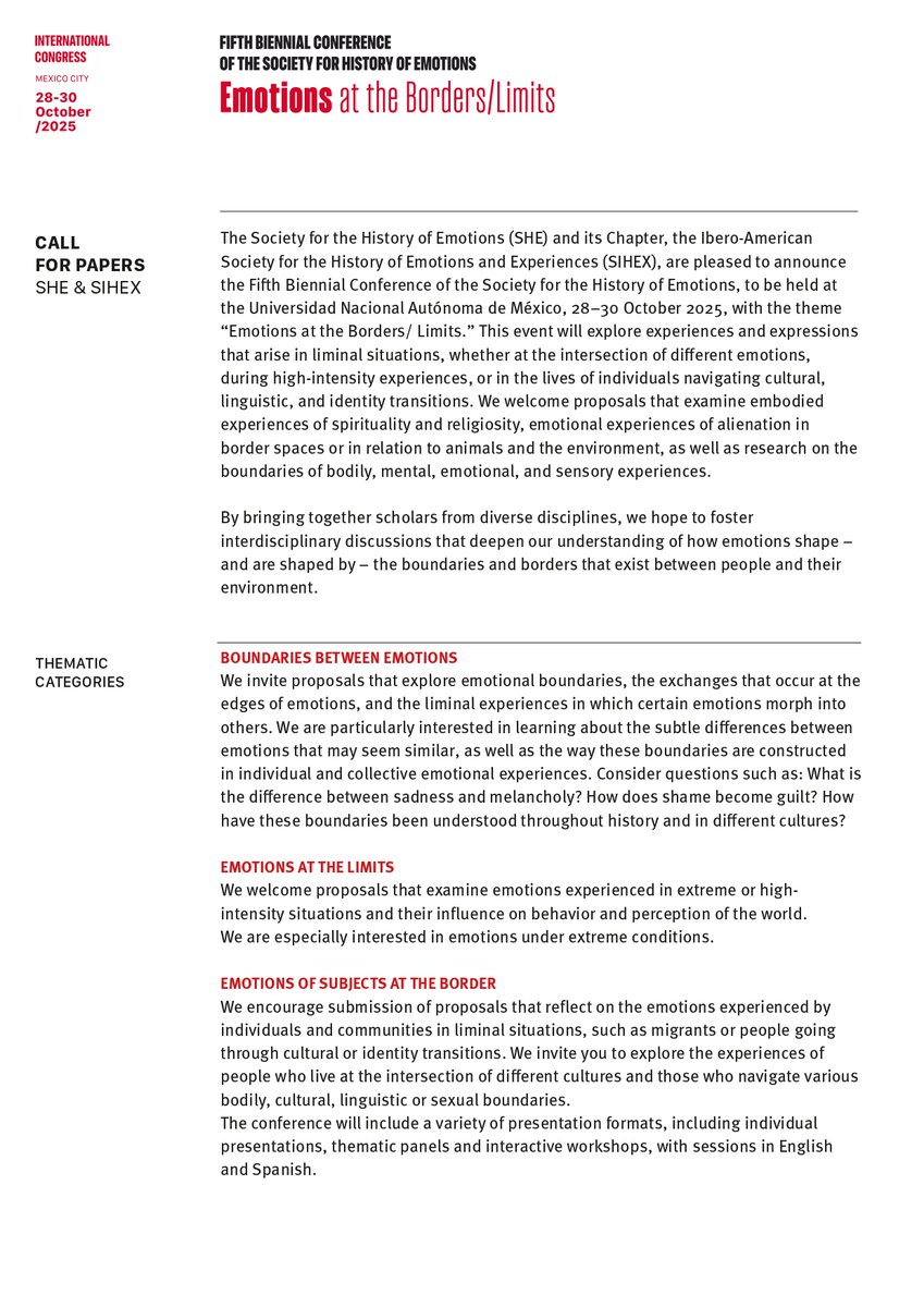 EHCS_Journal's tweet image. Reminder that the deadline to submit your abstracts to attend our Fifth Biennial Conference is TOMORROW! "Emotions at the Borders/Limits" will be held at La UNAM in Mexico City, October 28-30th 2025. More details are available on our website and the CfP. societyhistoryemotions.com/she-conference…