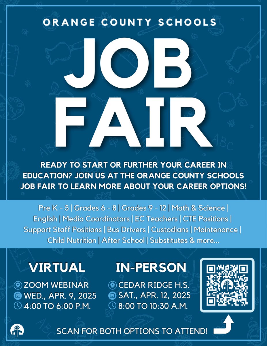 OrangeCoSchools's tweet image. What's on your to-do list? #OCSJobFair #WorkForOCS
☑️Visit homepage orangecountyfirst.com
☑️Check job openings orangecountyfirst.com/careers
☑️Register for Spring Job Fair bit.ly/ocsjobfair2025
☑️Choose Virtual, In-Person, or both!

Hope to see you April 9 + 12! #OrangeCountyFirst