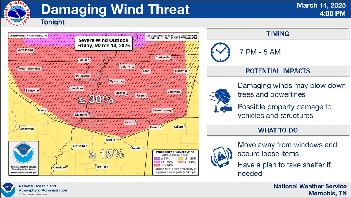 🚨 SEVERE WEATHER  – TONIGHT 🚨
📅 March 14, 2025 | ⏰ 10pm |

⚠️ Threats:
🌬️ Winds 75+ mph
🌪️ Strong tornadoes (EF-2+) possible
🧊 Hail up to 2”
🔹 Trees &amp; powerlines may fall
🔹 Property damage possible
📢 Be prepared!
✅ Secure loose items
✅ Have multiple ways to get alerts