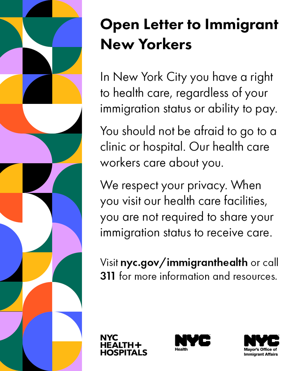 nycHealthy's tweet photo. Every New Yorker has the right to quality health care and City services, regardless of immigration status, ability to pay, employment status, or ability to speak English.

Read our open letter to immigrant New Yorkers with @NYCHealthSystem @NYCImmigrants: https://t.co/OPLp42bbvz https://t.co/dgWoGPVeCw