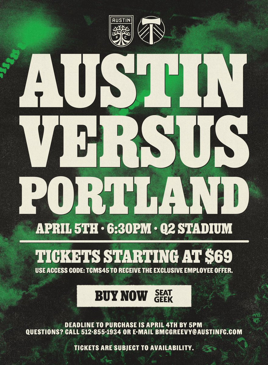 🚨 Exciting news, Austin FC fam! TCMS got a limited number of seats available for our members, their families, and staff for the match against Portland Timbers on Saturday, April 5th at 6:30 PM! ⚽️ 
seatgeek.com/austin-fc-tick…