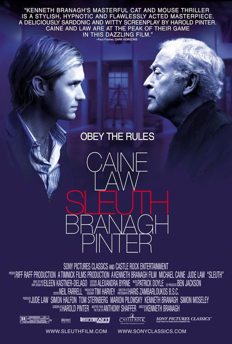 FrankMalfitano's tweet photo. ANOTHER 100 FAVORITE FILMS (IN NO ORDER) 58: On perennial fave #MichaelCaine 92nd 🎂 here’s 2 entertaining versions of #AnthonyShaffer ✍🏻 ultra clever #suspense #mystery 1st 🎥#JosephMankiewicz 2nd #KennethBranagh with #LaurenceOlivier & #JudeLaw as 👏 sparring partners in each https://t.co/7YKAzP1HXs