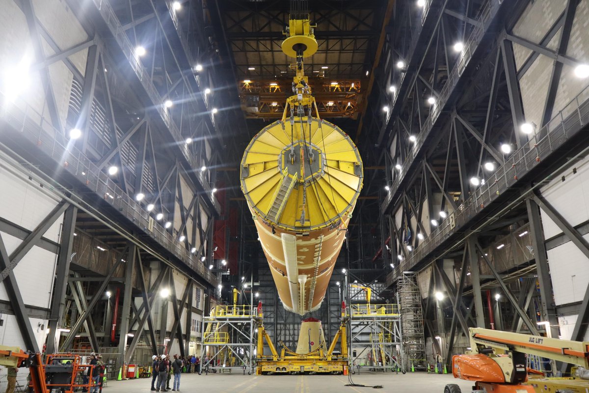 NASAGroundSys's tweet photo. To prepare for stacking, teams lifted the @NASA_SLS core stage for the crewed @NASAArtemis II mission out of the Vehicle Assembly Building’s High Bay 2 and positioned it horizontally in the transfer aisle.

Read more about this operation here: https://t.co/2Ukpk2vQU2 https://t.co/MGKCMTZfZJ