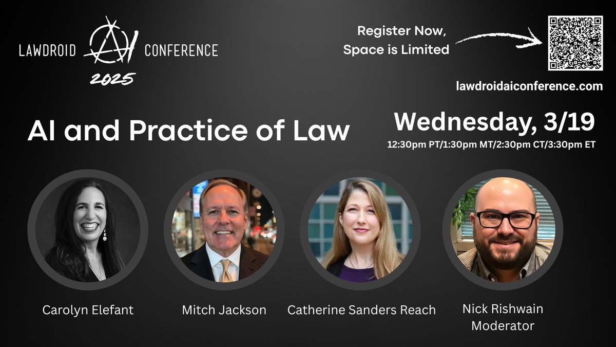 🗓️3/19: Join <a href="/carolynelefant/">carolynelefant</a> <a href="/mitchjackson/">Mitch Jackson, Esq.</a> Catherine Sanders Reach and I next week for the <a href="/lawdroid/">Tom Martin</a>  AI Conference. 

eventbrite.com/e/lawdroid-ai-…