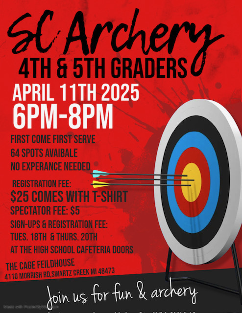 Extra! Extra! Read All About It!  
Attention 4th &amp; 5th Grade Students: If you are interested in archery, this is a great opportunity to join the team. If you have questions, reach out to Coach Laura Woodby or visit their Facebook Page: Swartz Creek Archery Team for more info.