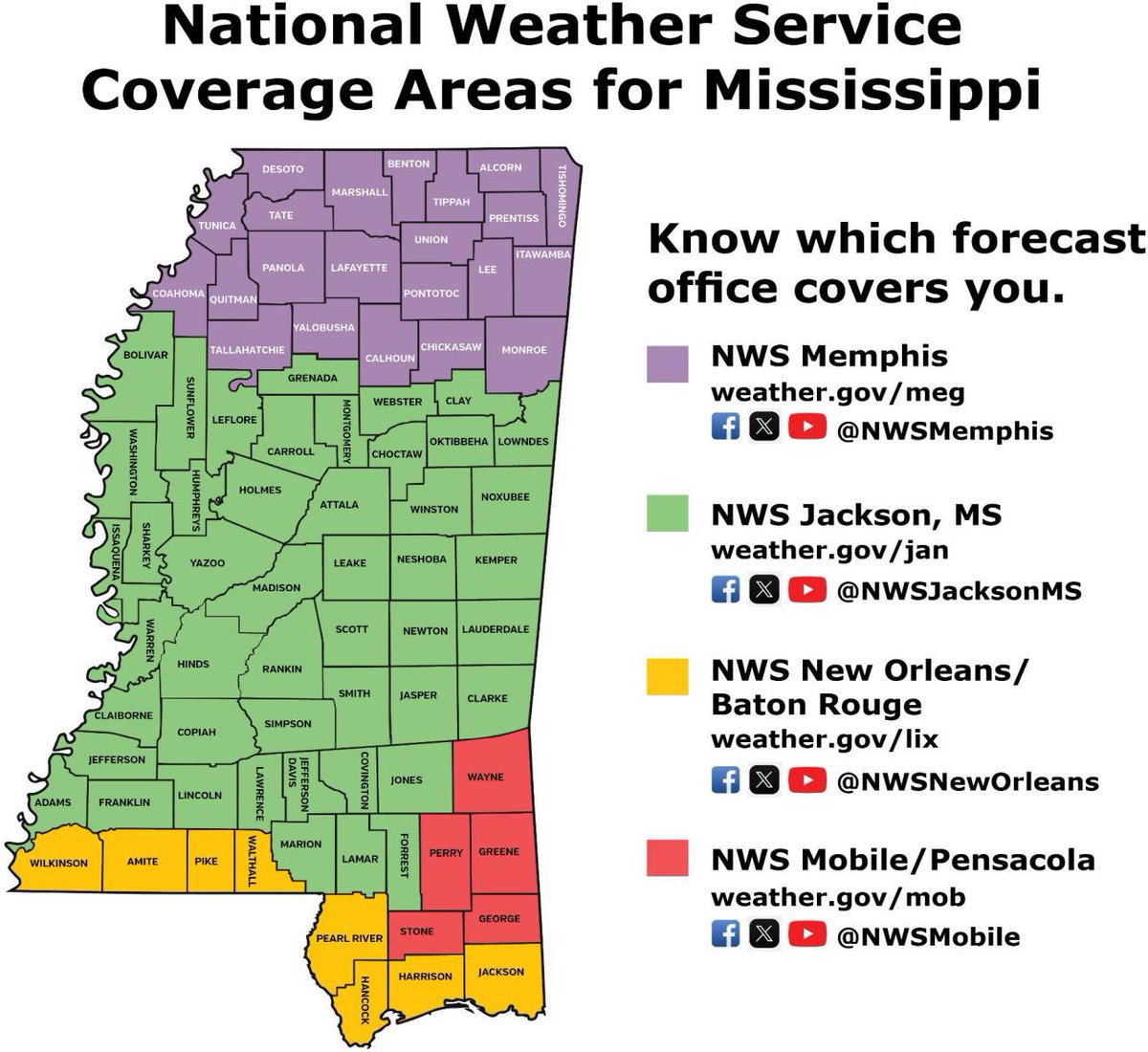 msema (@msema) on Twitter photo When severe weather strikes, it's crucial to know your county's location so you can take shelter when a warning is issued. It's also essential to know which National Weather Service office covers your area. Mississippi is served by four offices:
<a href="/NWSJacksonMS/">NWS Jackson MS</a>
<a href="/NWSMobile/">NWS Mobile</a> When severe weather strikes, it's crucial to know your county's location so you can take shelter when a warning is issued. It's also essential to know which National Weather Service office covers your area. Mississippi is served by four offices:
<a href="/NWSJacksonMS/">NWS Jackson MS</a>
<a href="/NWSMobile/">NWS Mobile</a>