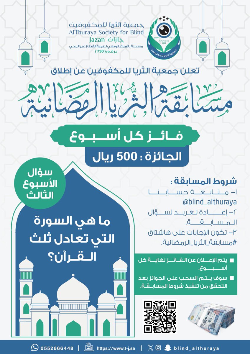 blind_althuraya's tweet photo. تعلن جمعية الثريا للمكفوفين عن إطلاق مسابقتها الرمضانية لعام ٢٠٢٥م 

فائز كل اسبوع 
الجائزة
٥٠٠ ريال 

سؤال الأسبوع الثالث 

ماهي السورة التي تعادل ثلث القرآن ؟

شروط المسابقة 
١- متابعة حسابنا @blind_althuraya 
٢- اعادة تغريد لسؤال المسابقة.
٣- تكون الإجابات على هاشتاق #مسابقه_الثريا_الرمضانيه
٤- يتم الاعلان عن الفائز نهاية كل اسبوع.

سوف يتم  السحب على الجوائز بعد التحقق من تنفيذ شروط المسابقة.

#رمضان2025
#مبارك_عليكم_الشهر