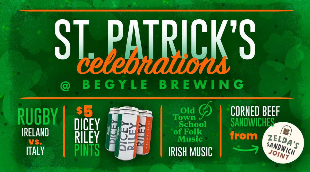 See ya bright &amp; early tomorrow morning!

9am 🇮🇪 Ireland vs. Italy rugby match
12-2pm 🎶 LIVE traditional Irish music
1pm 🥪 Zelda's Sandwich Joint – Corned Beef 
AND 🍺 $5 Pints of Dicey Riley
➡️ tinyurl.com/mphfh3mw

#StPatricksDay #BegyleBrewing #ChicagoBeer