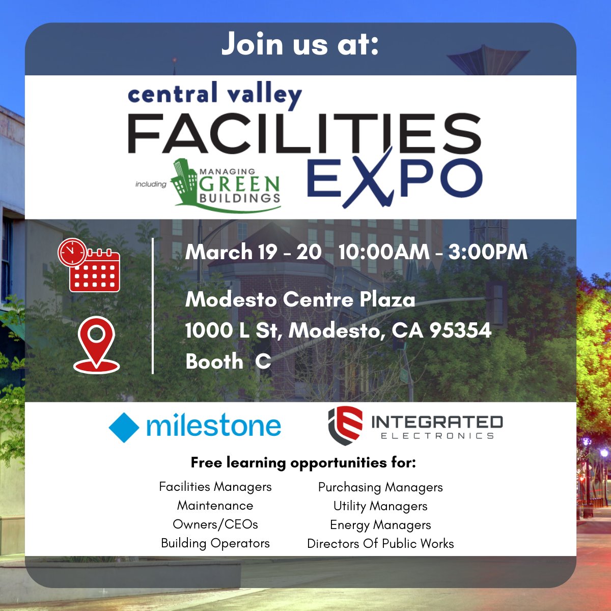 IntegElec's tweet image. We’re excited to exhibit at the 2025 Central Valley Facilities Expo in Modesto! Stop by our booth March 19-20 to explore the latest offerings from Milestone Systems!

@Facilities_Expo @milestonesys @cityofmodesto