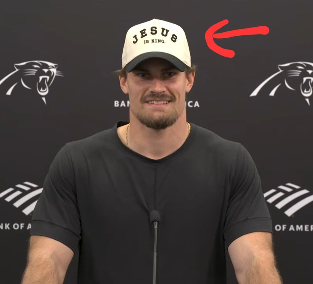 TRENDING: Free agent acquisition Christian Rozeboom wore a “Jesus is King” cap to his first Carolina #Panthers press conference this week.