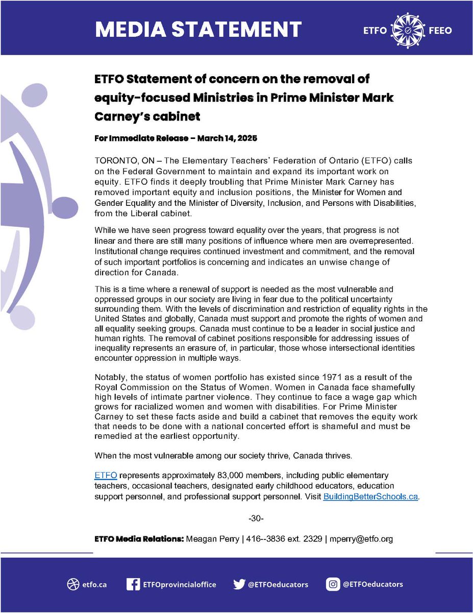 Elementary Educators (@etfoeducators) on Twitter photo It's deeply troubling that the new PM <a href="/MarkJCarney/">Mark Carney</a> removed equity and inclusion minister positions for Women and Gender Equality and for Diversity, Inclusion, and Persons with Disabilities from cabinet. ETFO calls on gov't to maintain and expand work on equity. #cdnpoli #onpoli It's deeply troubling that the new PM <a href="/MarkJCarney/">Mark Carney</a> removed equity and inclusion minister positions for Women and Gender Equality and for Diversity, Inclusion, and Persons with Disabilities from cabinet. ETFO calls on gov't to maintain and expand work on equity. #cdnpoli #onpoli