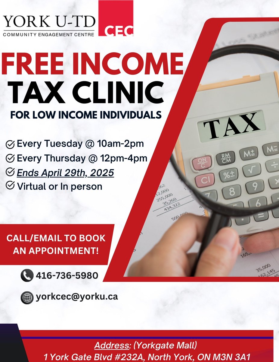 York U-TD Community Engagement Centre (@yorkutdcec) on Twitter photo Please call (416) 736-5980 or email yorkcec@gmail.com to book an appointment.
Clinic Details:
Date and Time: Every Tuesday from 2-4pm and Every Thursday from 12pm-4pm until March 27th, 2025.
Address:
(Yorkgate Mall)
1 York Gate Blvd #232A, North York, ON M3N 3A1 Please call (416) 736-5980 or email yorkcec@gmail.com to book an appointment.
Clinic Details:
Date and Time: Every Tuesday from 2-4pm and Every Thursday from 12pm-4pm until March 27th, 2025.
Address:
(Yorkgate Mall)
1 York Gate Blvd #232A, North York, ON M3N 3A1