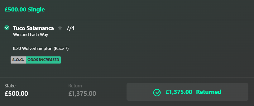 Lizard_bets's tweet photo. 💥BOOOOOOOOOOOM💥

TUCO SALAMANCA @ 7/4 ✅ 

Does the business in the finale!😮‍💨

Great that we've all ended Cheltenham on a high!🔥

Nice evenings work!💷

VERY STRONG WIN!🏦

PAID!💰 https://t.co/KGH2qCLzkt