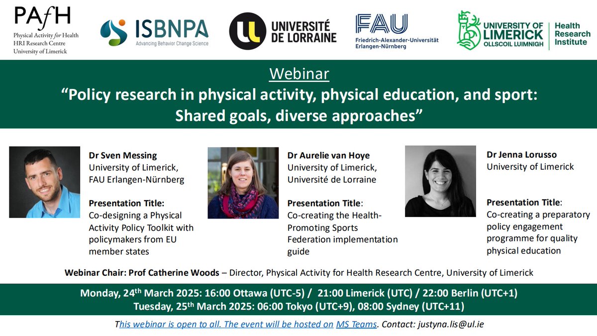 Irish Physical Activity Research Collaboration (@iparc_1) on Twitter photo 📢 Join us for a webinar on "Policy research in physical activity, physical education, and sport" on March 24-25! 🏃♂️🏅
🗓️ Times:
March 24: 16:00 Ottawa, 21:00 Limerick, 22:00 Berlin
March 25: 06:00 Tokyo, 08:00 Sydney
📍 MS Teams
<a href="/PAfH_UL/">Physical Activity for Health Research Centre <a href="/UL/">University Of Limerick</a></a> @UL
#Webinar #PhysicalActivity 📢 Join us for a webinar on "Policy research in physical activity, physical education, and sport" on March 24-25! 🏃♂️🏅
🗓️ Times:
March 24: 16:00 Ottawa, 21:00 Limerick, 22:00 Berlin
March 25: 06:00 Tokyo, 08:00 Sydney
📍 MS Teams
<a href="/PAfH_UL/">Physical Activity for Health Research Centre <a href="/UL/">University Of Limerick</a></a> @UL
#Webinar #PhysicalActivity
