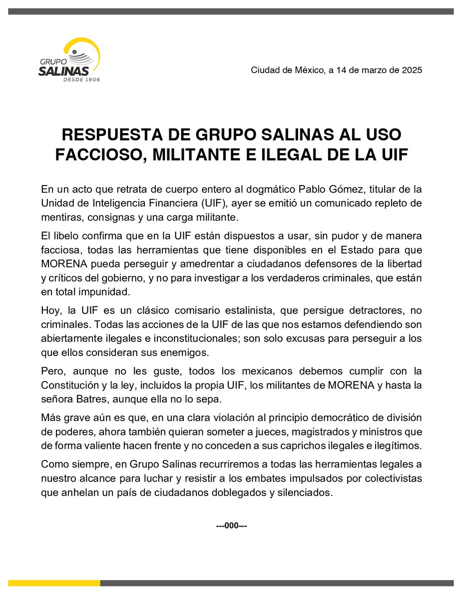 gruposalinas's tweet image. El grupo que lidera @PabloGomez1968 ha hecho un uso faccioso, dogmático e ilegal de la UIF. En lugar de perseguir a criminales están persiguiendo y amedrentando a sus críticos y defensores de la libertad, cuya gran afrenta es pensar distinto a ellos. ¡No nos van a callar! Acá…