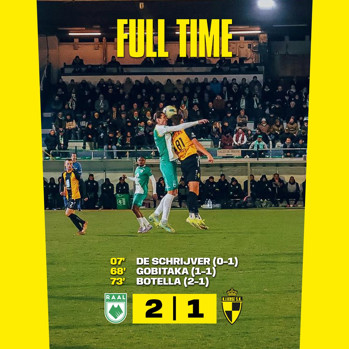 ⏱ EINDE WEDSTRIJD | 2️⃣ - 1️⃣ | Lierse verliest na een moedige partij met 2-1 van La Louvière. #RAALLIE