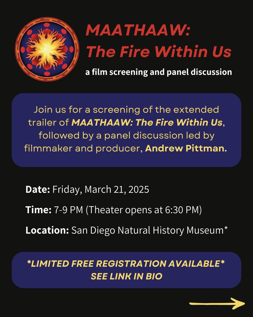R_J_Shop's tweet photo. 🔥 Join us at the San Diego Natural History Museum for a screening of the extended trailer of MAATHAAW: The Fire Within Us
register at: https://t.co/lrWgo9JMcO https://t.co/m0O3RD7Mid