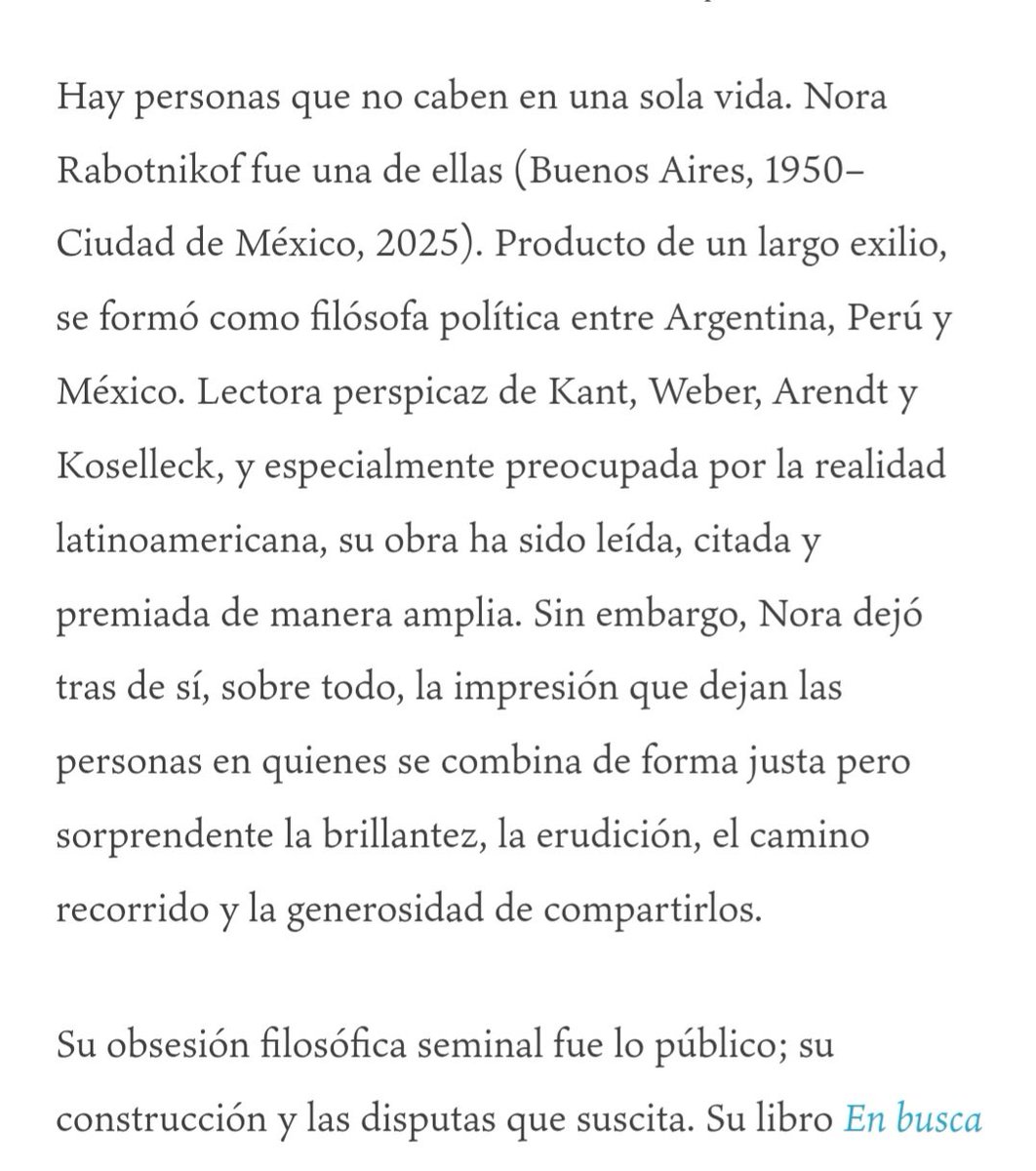 anasof_re's tweet image. Apenas un poco de quien fue Nora Rabotnikof y de por qué tantos la admiramos y quisimos tanto.
cultura.nexos.com.mx/obituario-para…