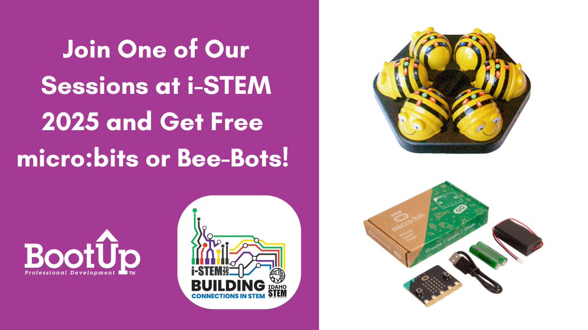 BootUp (@bootuppd) on Twitter photo Idaho educators, it's last day to register for our sessions at i-STEM! All attendees will receive FREE BeeBots or a classroom set of 10 Micro:bits as we explore CS integration through physical computing!
Learn more and register today: bootuppd.org/blog/idaho-i-s…
<a href="/microbit_edu/">Micro:bit Educational Foundation</a> Idaho educators, it's last day to register for our sessions at i-STEM! All attendees will receive FREE BeeBots or a classroom set of 10 Micro:bits as we explore CS integration through physical computing!
Learn more and register today: bootuppd.org/blog/idaho-i-s…
<a href="/microbit_edu/">Micro:bit Educational Foundation</a>