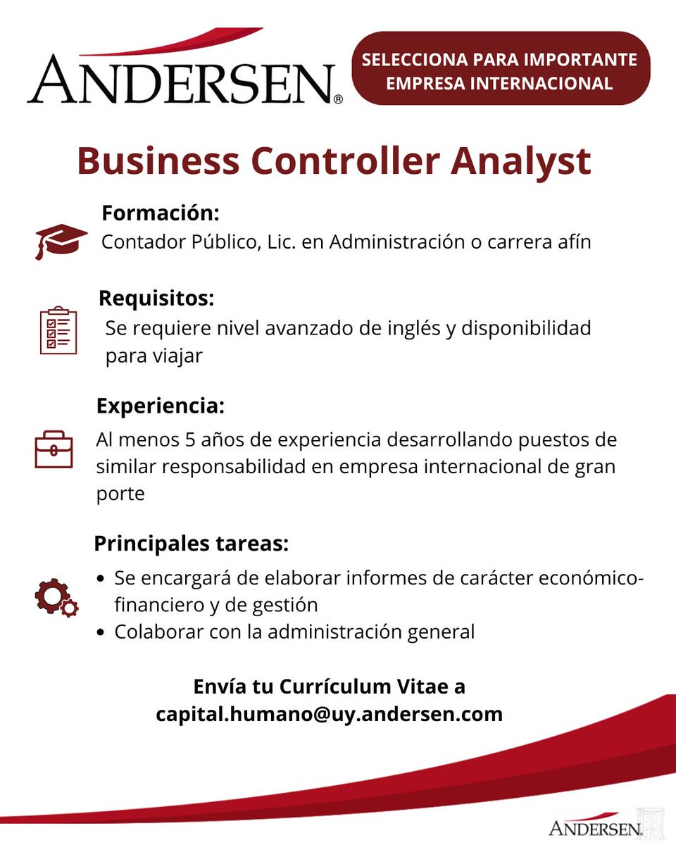 Andersen in Uruguay (@andersenuy) on Twitter photo Andersen selecciona, para una importante empresa internacional, un Contador Público 📊 o Licenciado en Administración 📑 con al menos 5 años de experiencia en roles similares para el puesto de Business Controller Analyst.
📩 Enviá tu CV a capital.humano@uy.andersen.com Andersen selecciona, para una importante empresa internacional, un Contador Público 📊 o Licenciado en Administración 📑 con al menos 5 años de experiencia en roles similares para el puesto de Business Controller Analyst.
📩 Enviá tu CV a capital.humano@uy.andersen.com